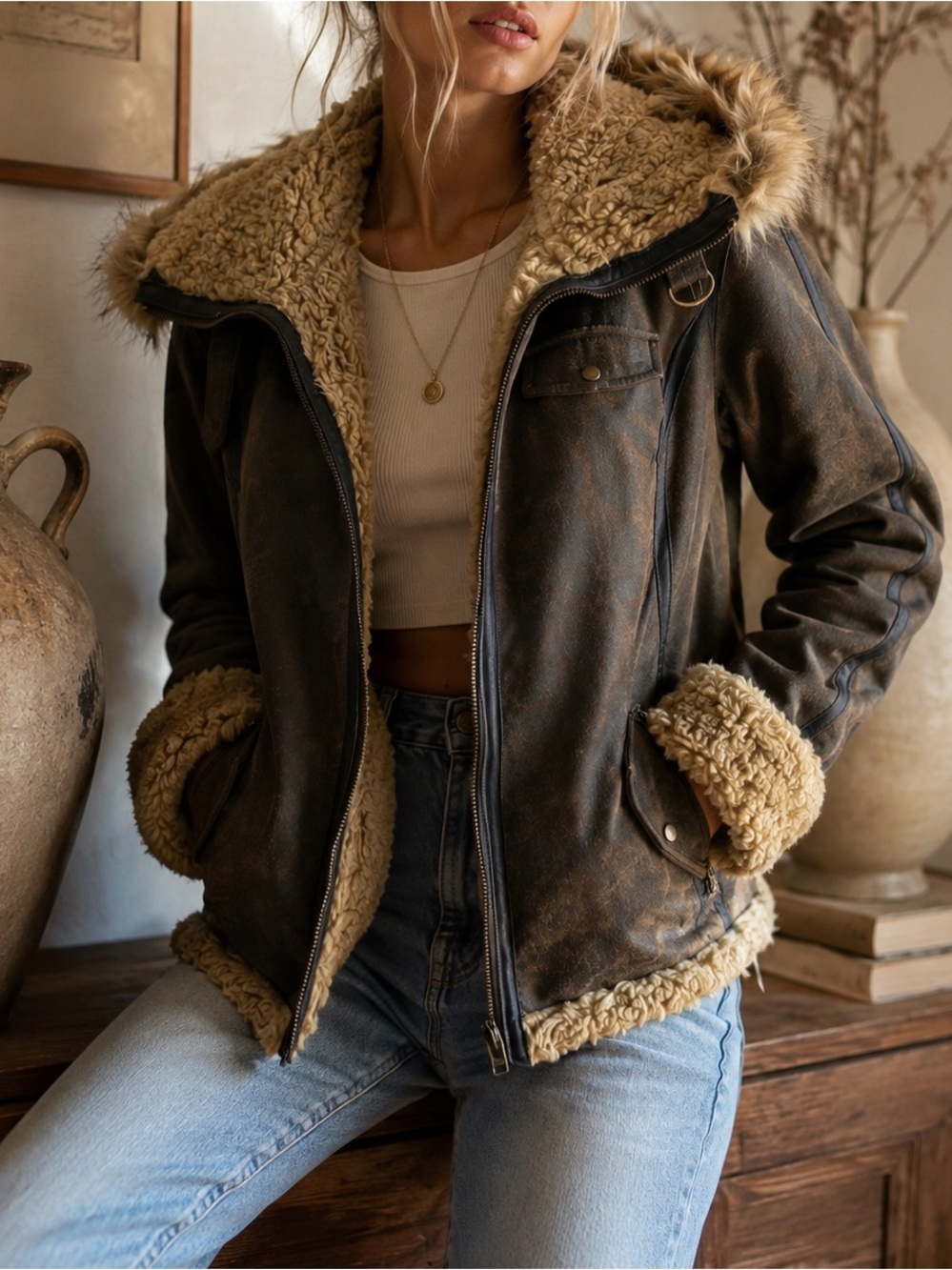 Boho Leather Aviator Jacket Womens M Brown Faux Fur Shearling Hood Distressed